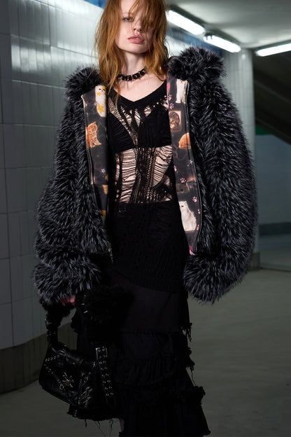 Cat Print Reversible Fur Coat
