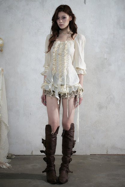 Ruffle Ribbon Puff Sleeve Blouse