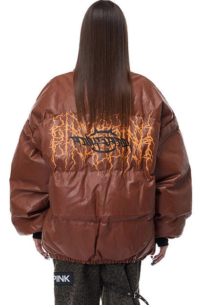 Logo PU Leather Motorcycle Puffer Jacket