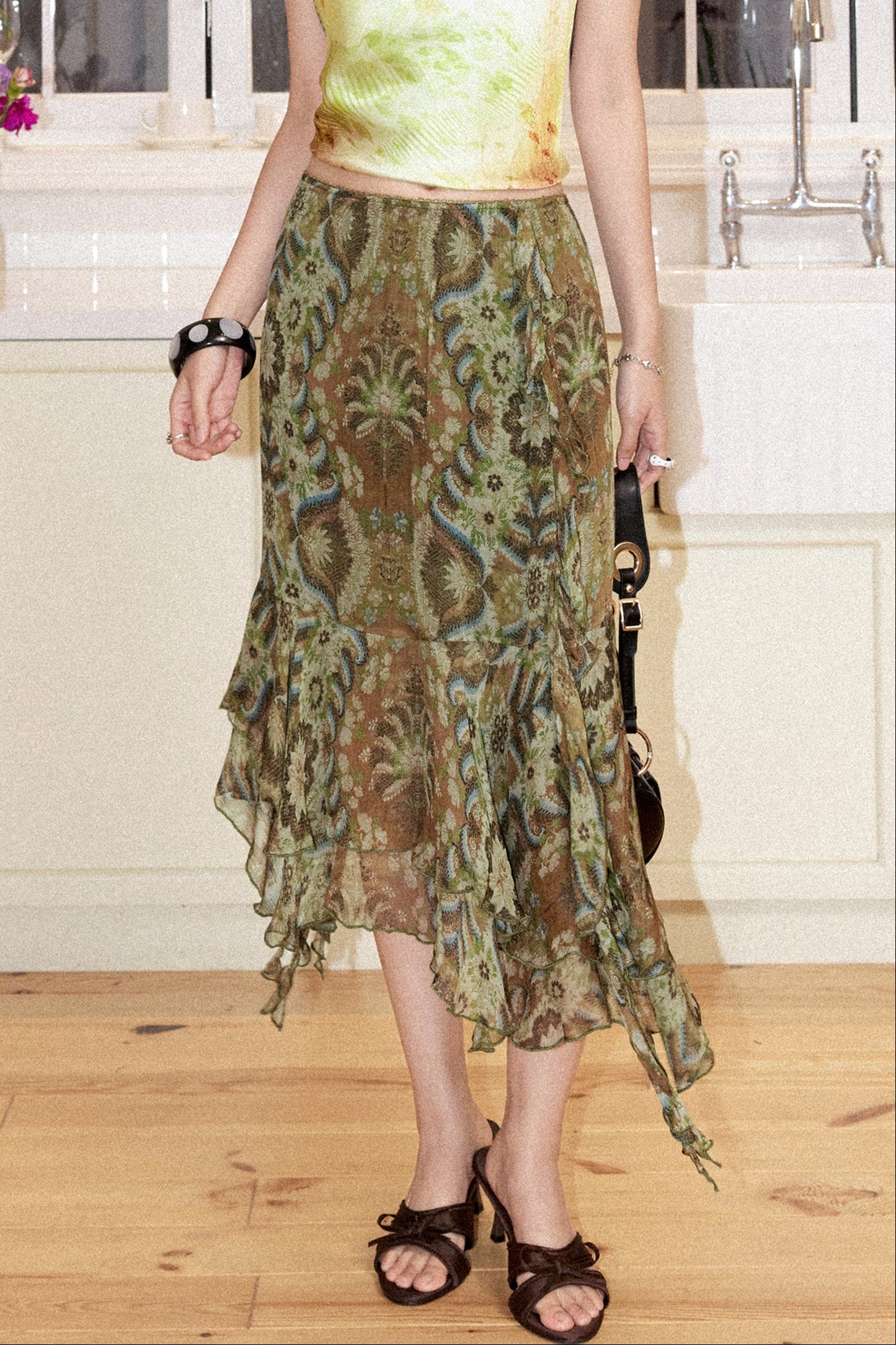 Palm Shadow Floral Chiffon Skirt