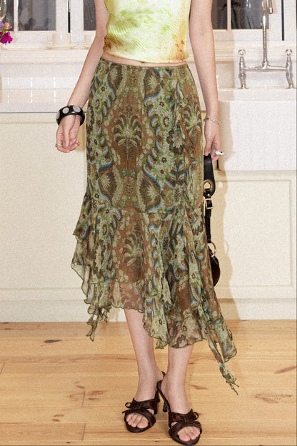 Palm Shadow Floral Chiffon Skirt