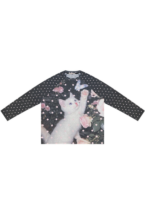 Cat Print Polka Dot Blouse