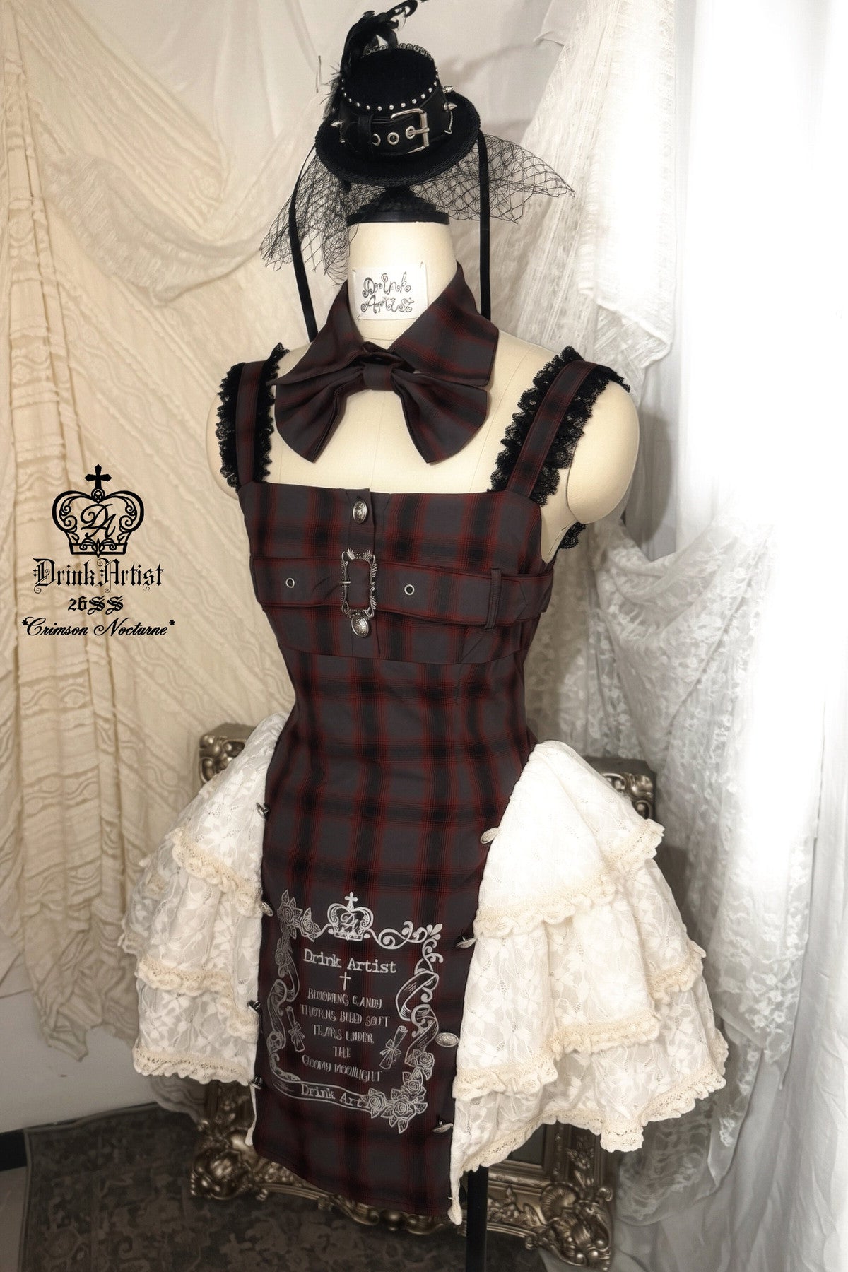 Gray Plaid Lace-Up Printed Cake Dress Set