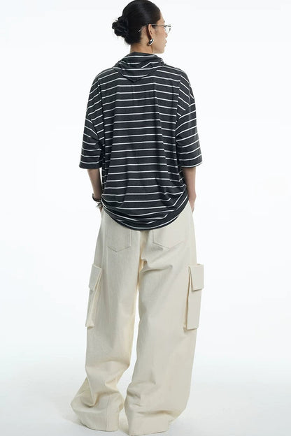 Oversize Gray White Striped Mid-Sleeve Tee