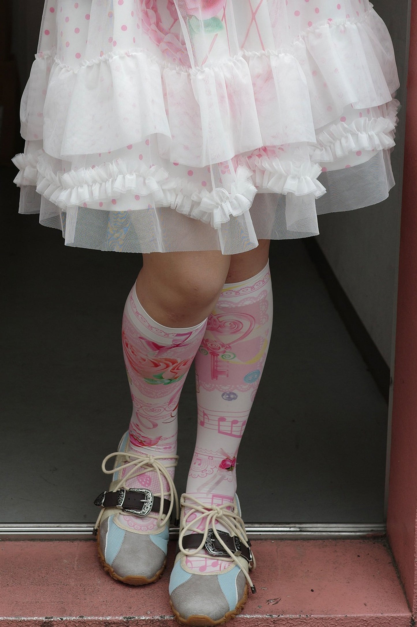 Double-Layer Double-Sided Cake Print White Gauze Skirt