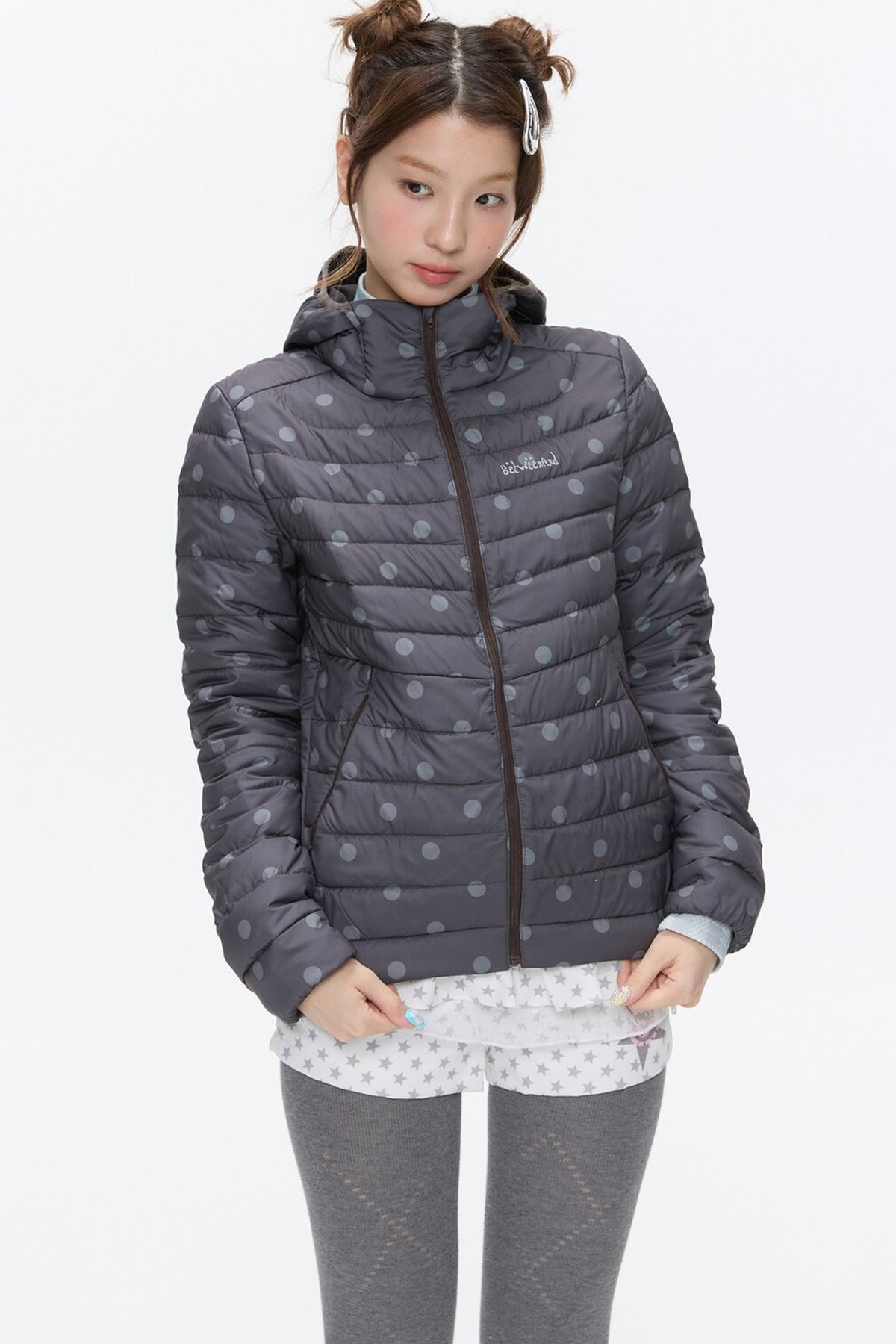 Hooded Ribbed Polka Dot Down Jacket