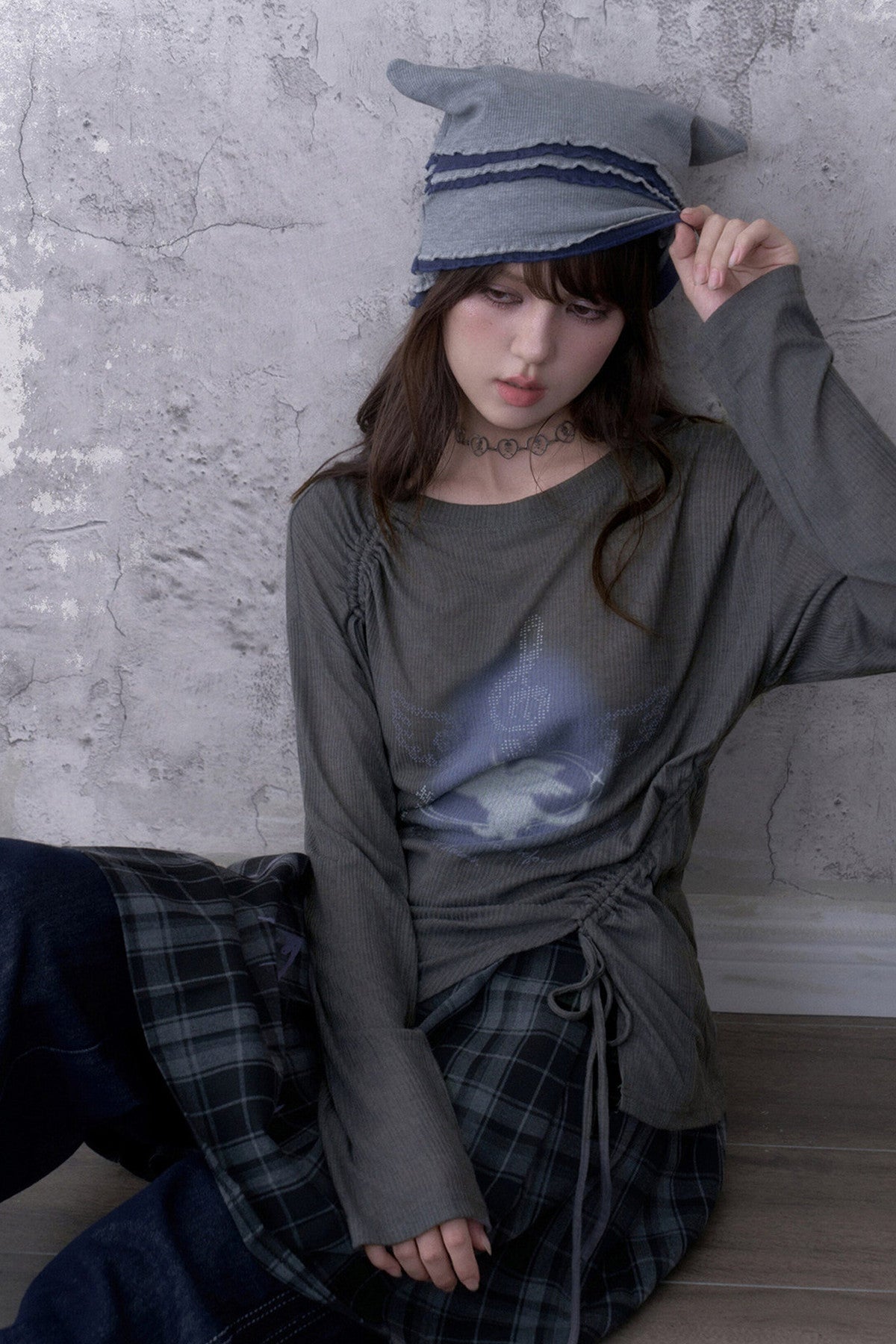 Gray Unicorn Drawstring Irregular T-shirt