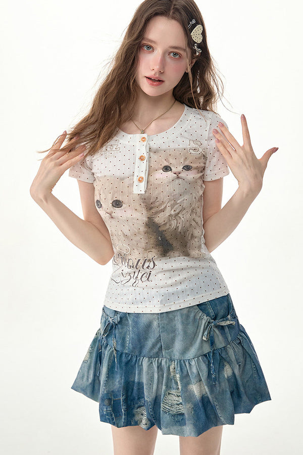 White Polka Dot Cat Print Henley Top