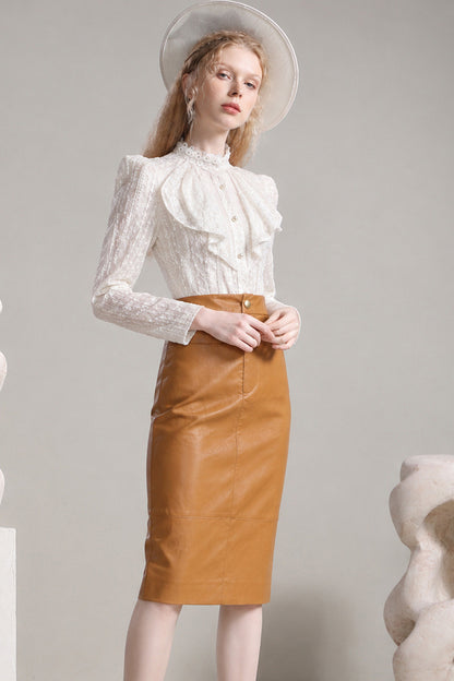Brown Amber PU Leather Half-Length Straight Skirt