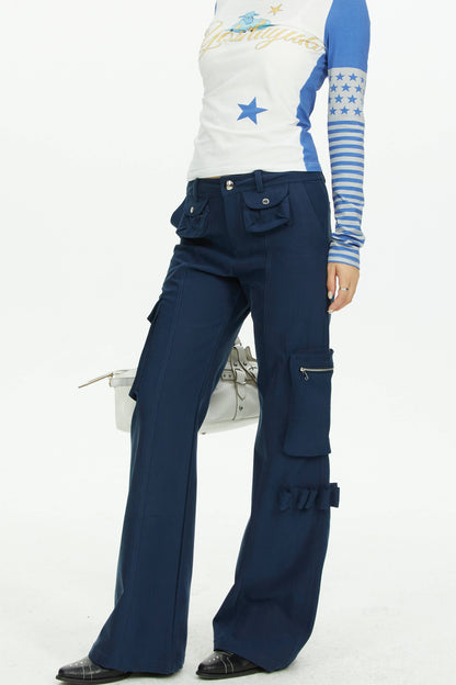 Navy Blue Multi-Pocket Wide-Leg Pants