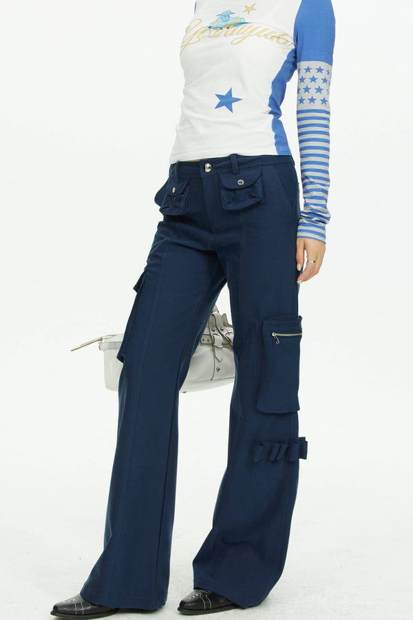 Navy Blue Multi-Pocket Wide-Leg Pants