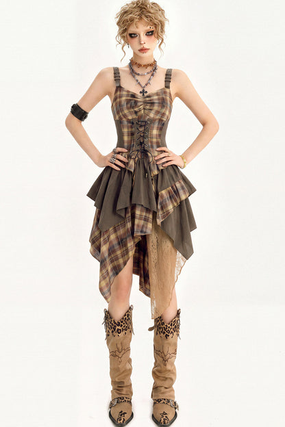 Plaid Tie Waist Irregular Dress