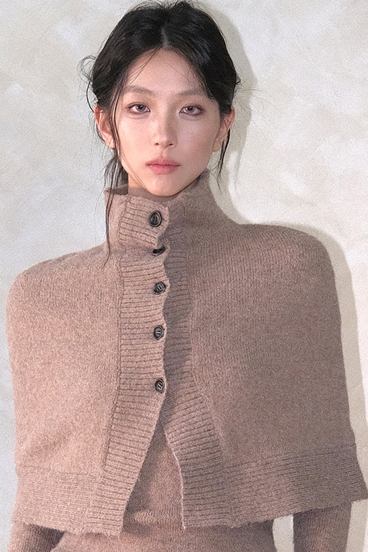 High Collar Button Cape Knit Top Set-Up