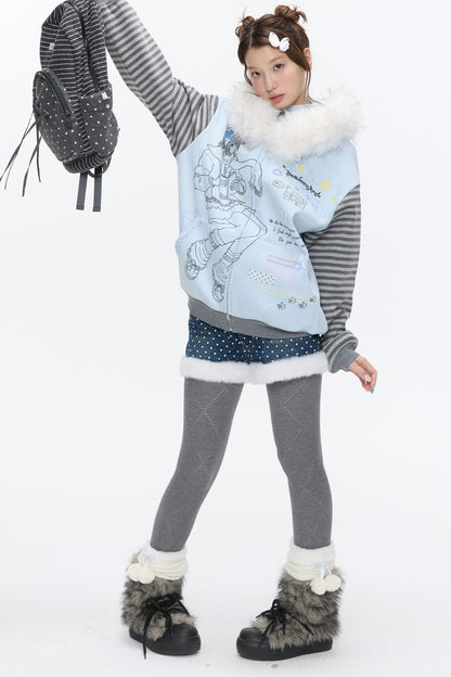 Striped Raglan Fur Collar Jacket