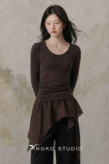 Maroon Ruched Round Neck T-Shirt
