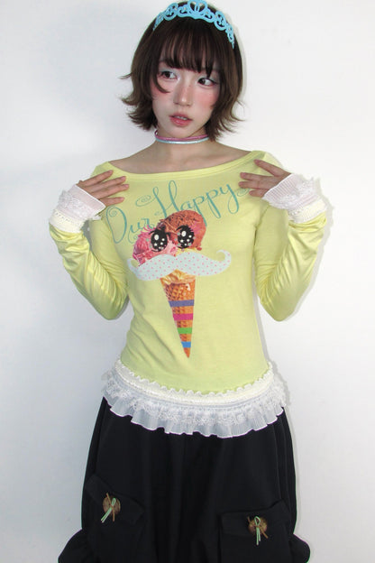 Y2K Printed Boat Neck Lace Top