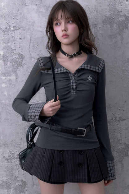 Gray Large Lapel Ruched Patchwork Top
