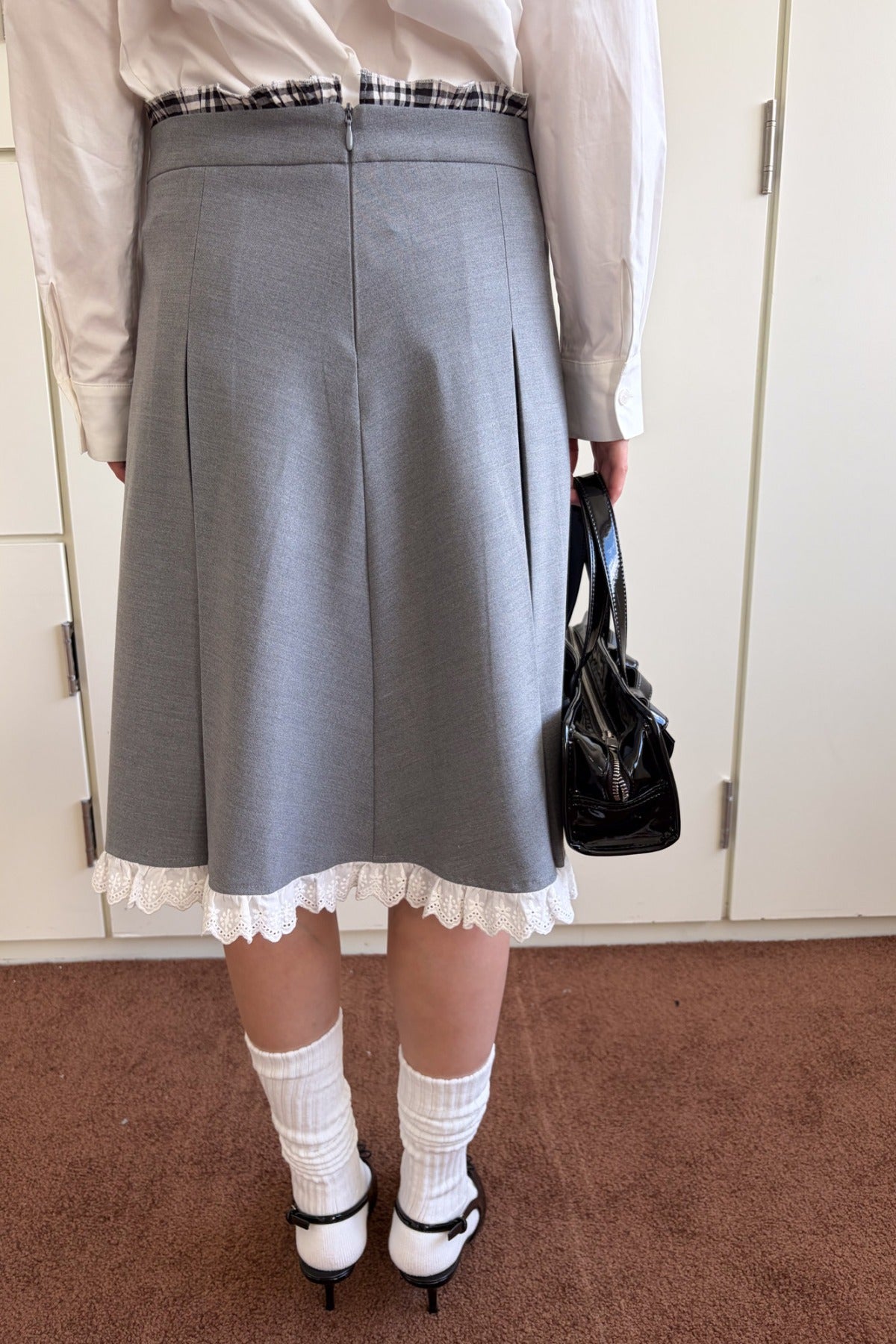 Gray Pleated Lace A-Line Skirt