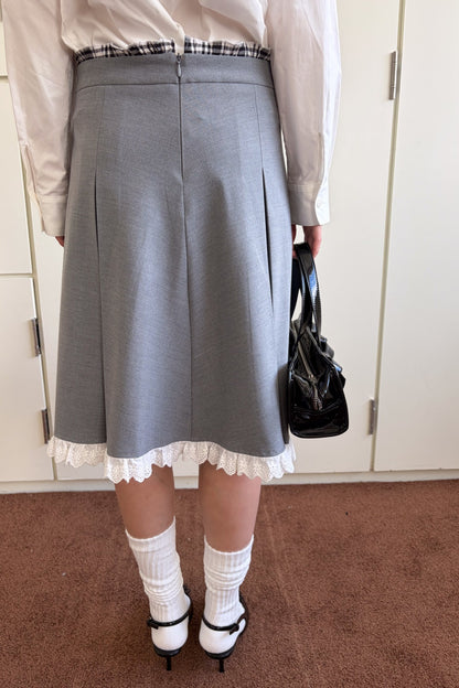 Gray Pleated Lace A-Line Skirt