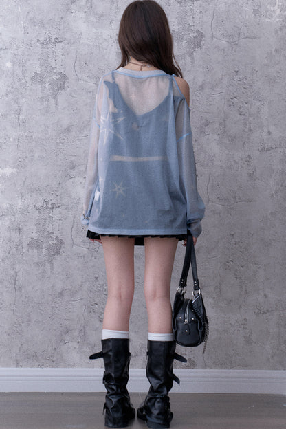 Blue Sparkling Mesh Sweatshirt Style Top