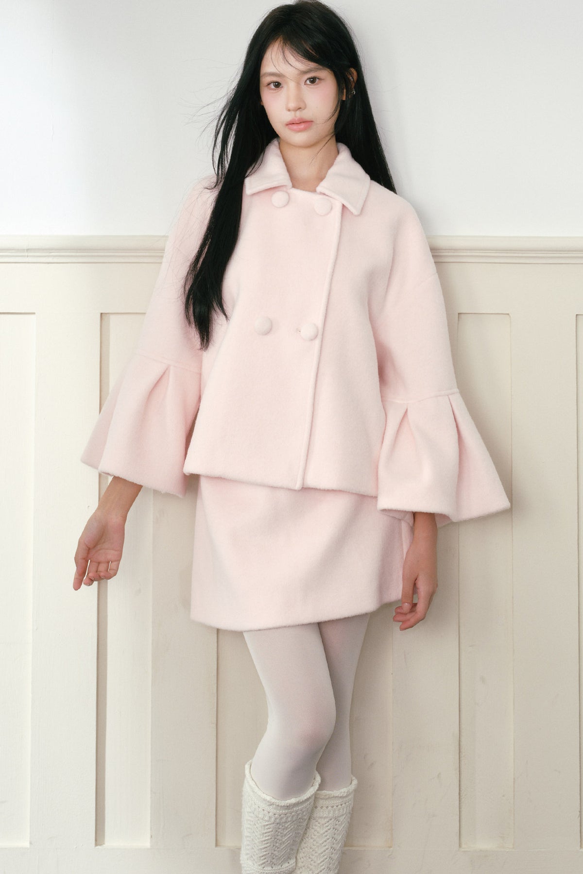Completo cappotto e gonna in lana rosa