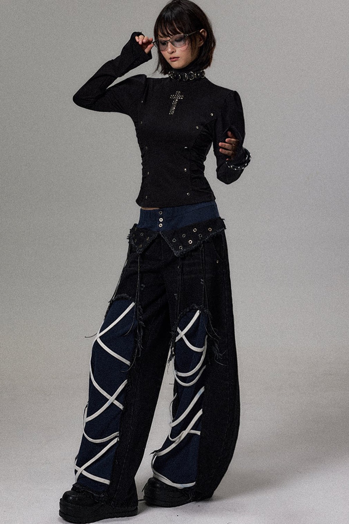 Scimitar Irregular Tie Wide-Leg Denim Sweatpants