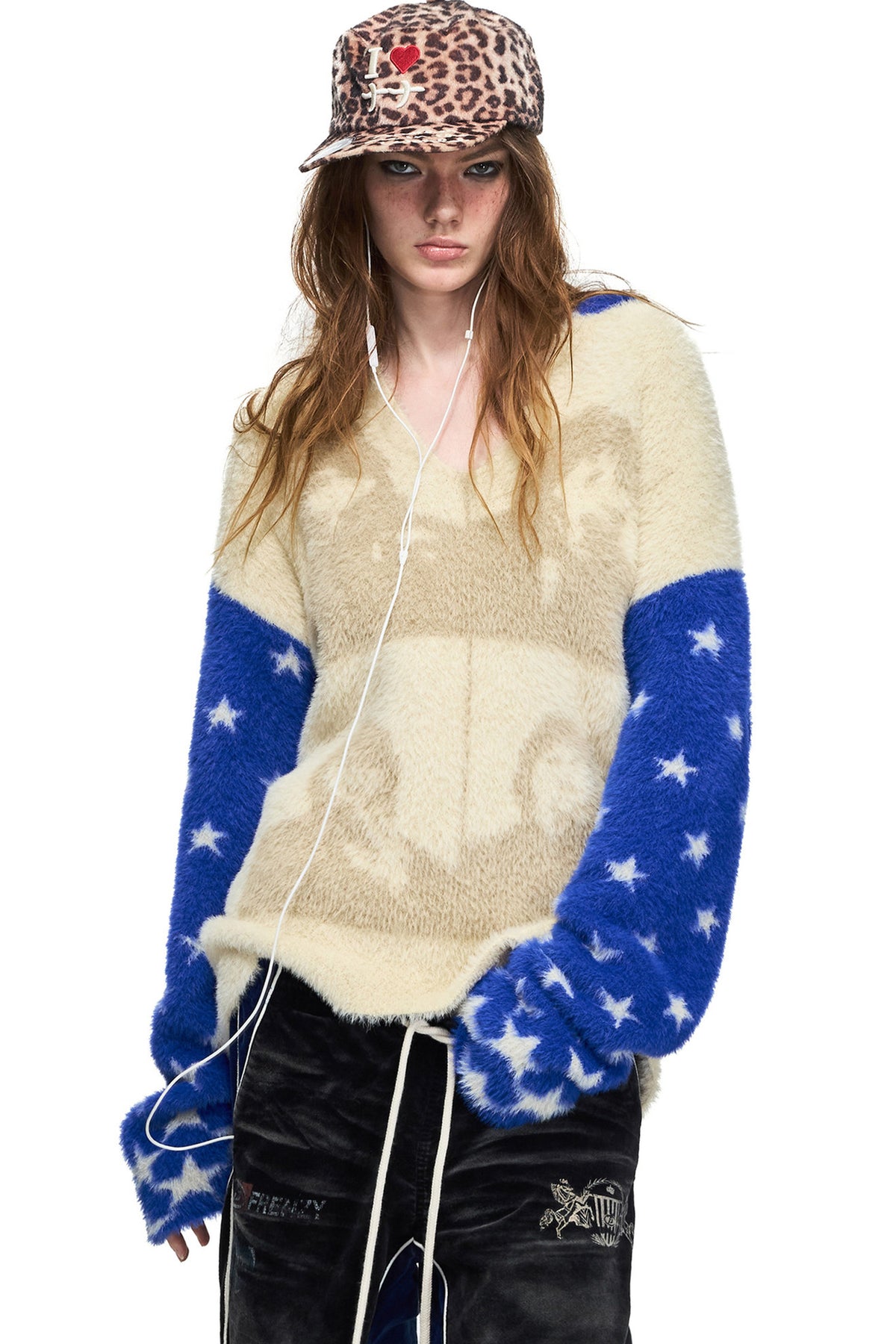 Star Portrait Faux Mink V-Neck Pullover