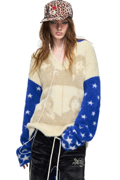 Star Portrait Faux Mink V-Neck Pullover