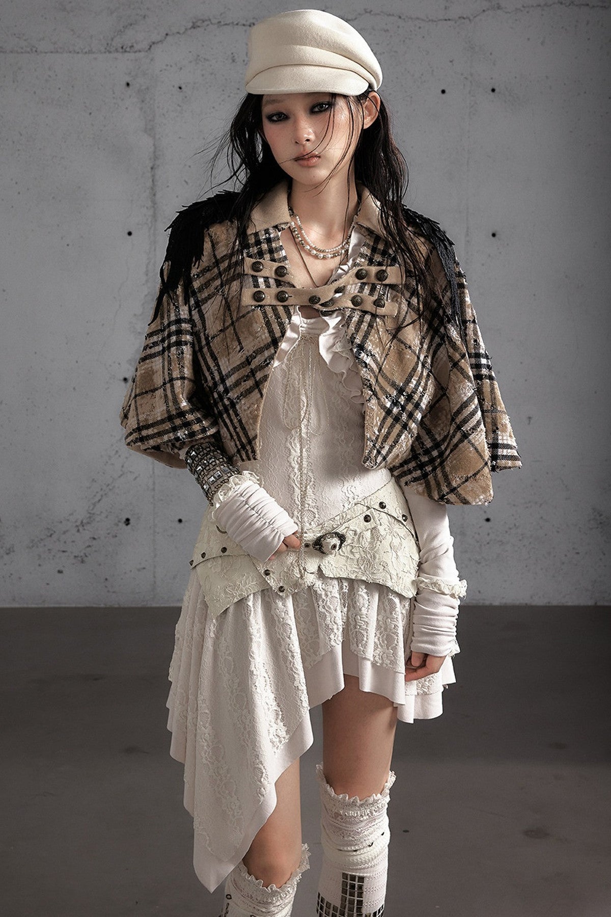 Reversible Wool Blend Plaid Cape