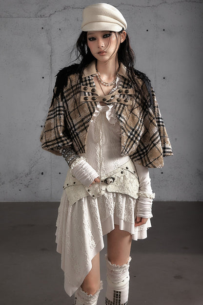 Reversible Wool Blend Plaid Cape