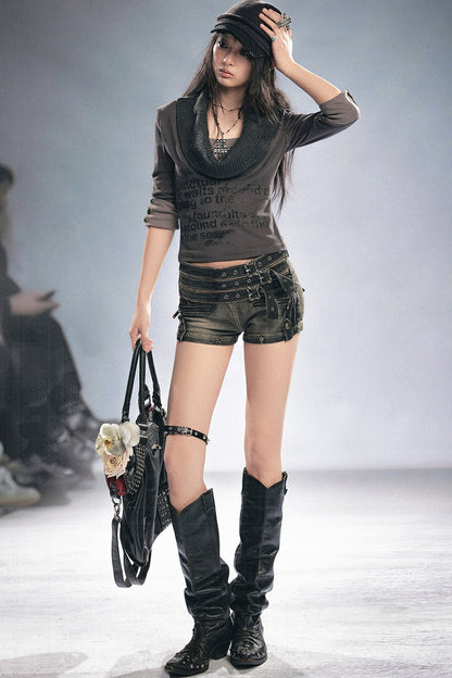 Punk Graffiti Rhinestone Lapel Knit Blouse