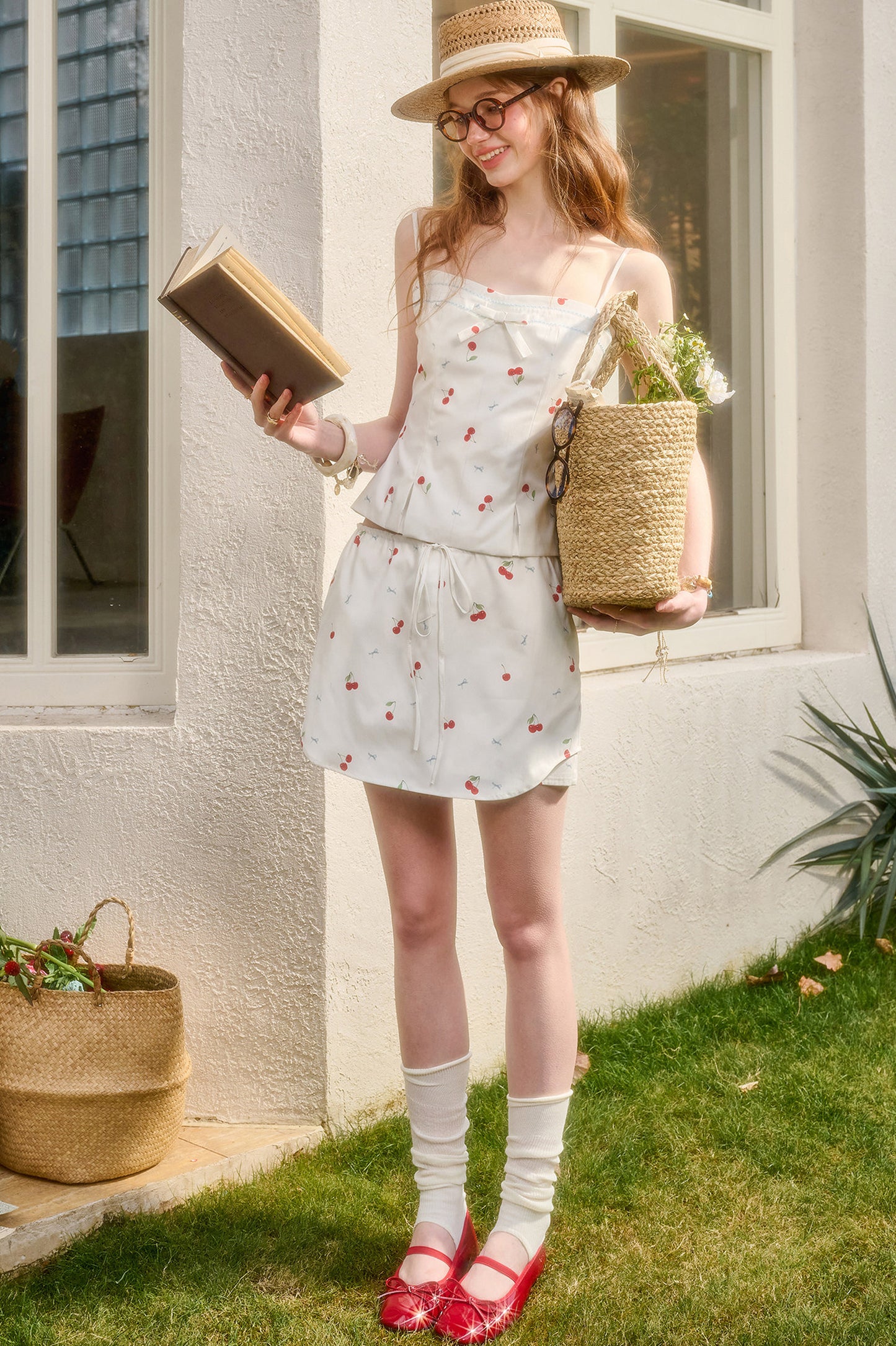 Cherry Print Shirt Top and Skirt Set-Up