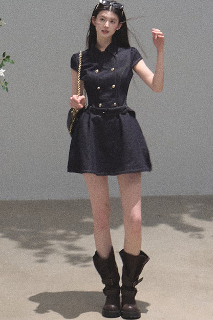 Retro Denim Waist-Cinching Dress Set-Up