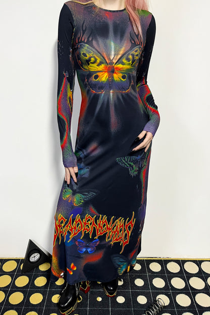 Butterfly Print Flame Long-Sleeved Dress