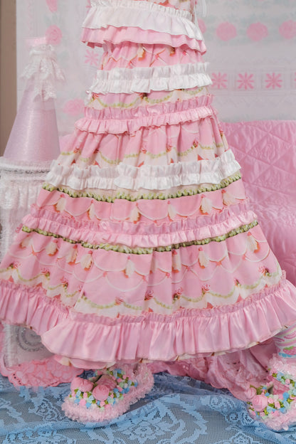 Rose Print Bubble Sleeve Blouse and Cake Skirt Set