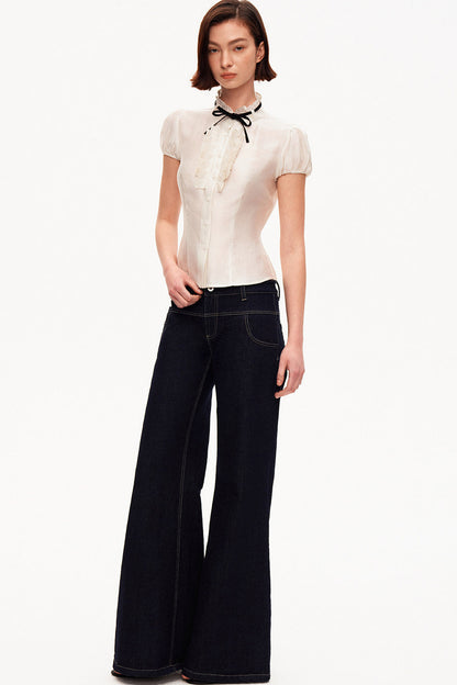 White Tencel Satin Puff Sleeve T-Shirt