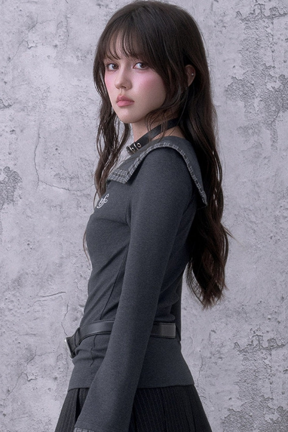 Gray Large Lapel Ruched Patchwork Top