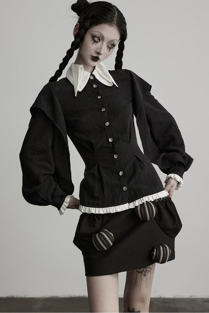 Lyocell Ruffle Patchwork Puff Sleeve Shirt