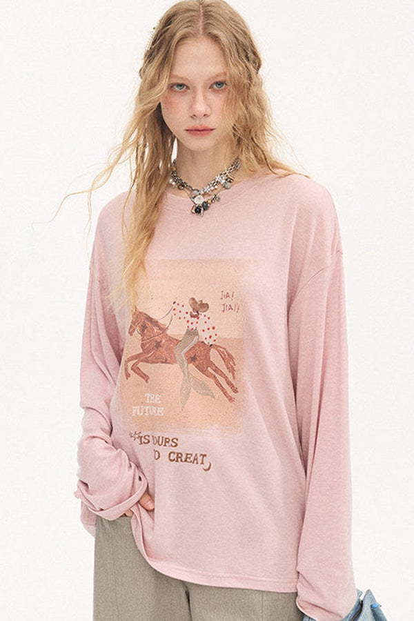 Galloping Horse Print Long Sleeve Tee