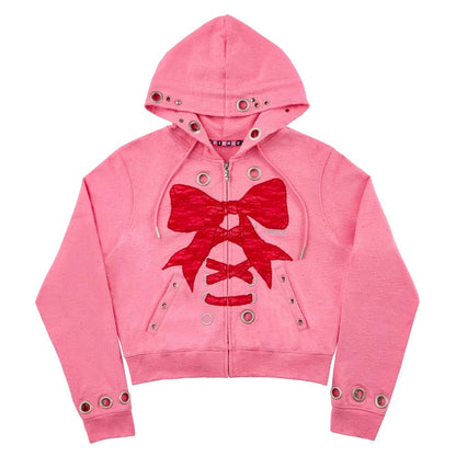 Distressed Lace Bow Hoodie