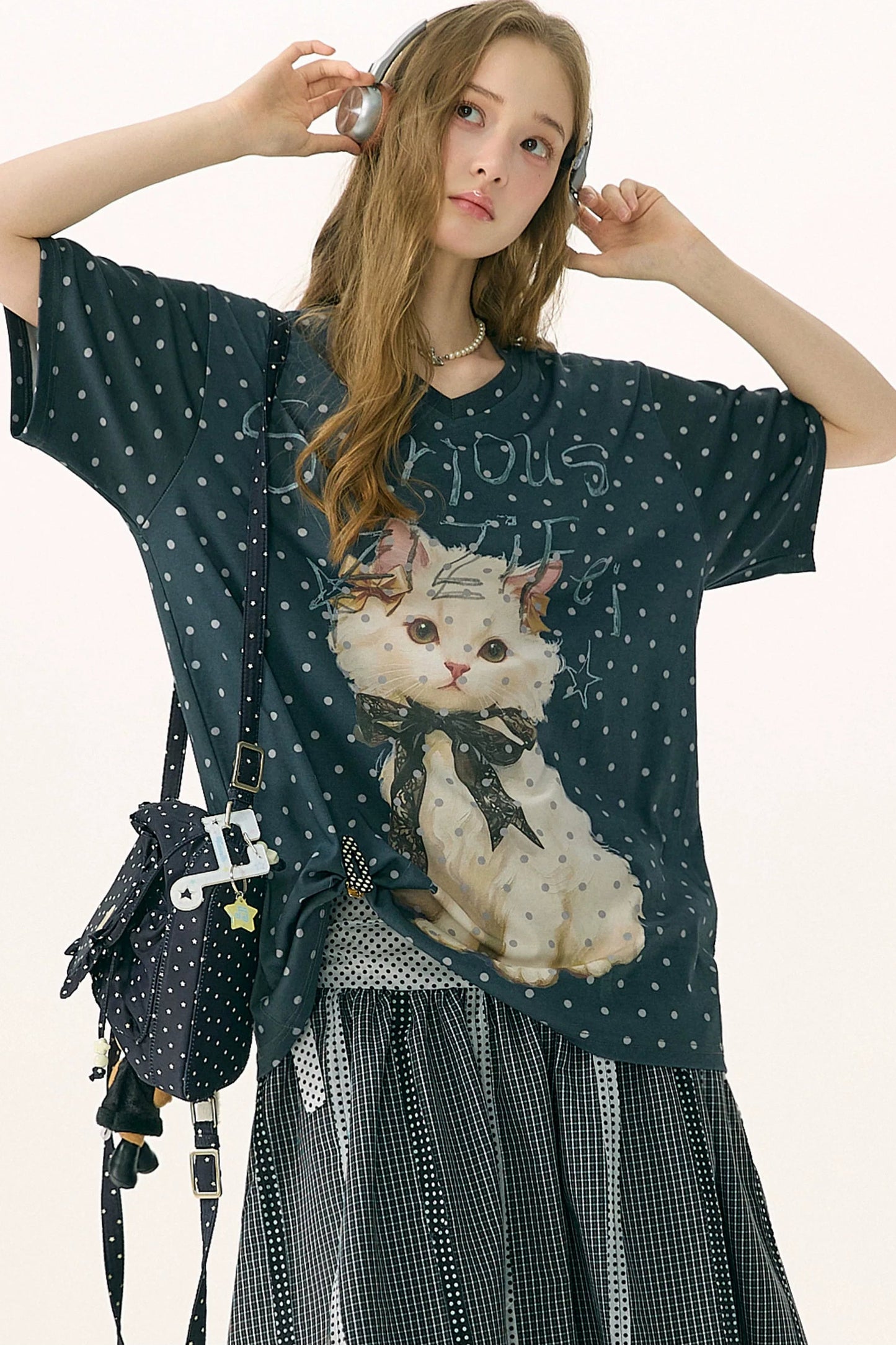 Polka Dot Cat V-Neck Blouse
