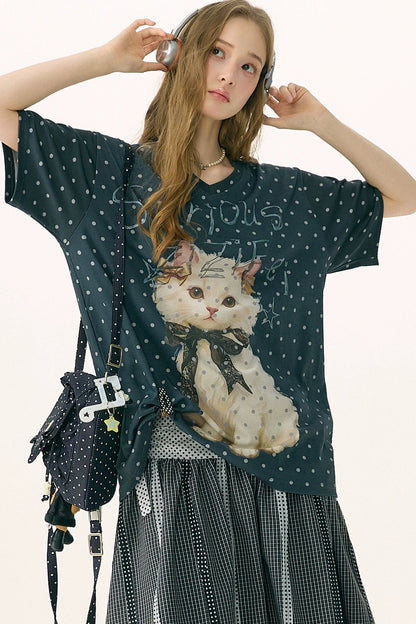 Polka Dot Cat V-Neck Blouse
