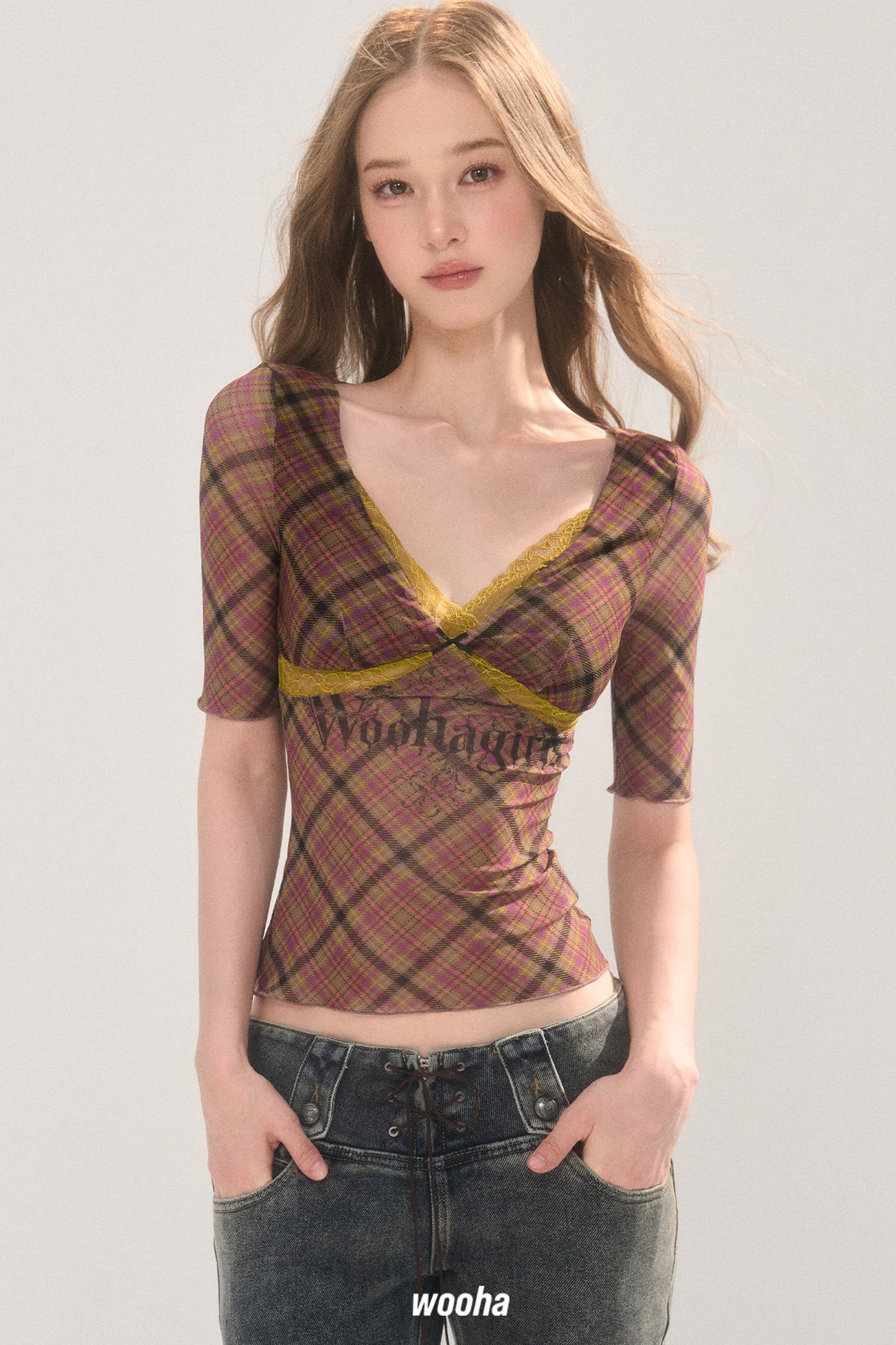 Plaid Mesh Chest Pad Top