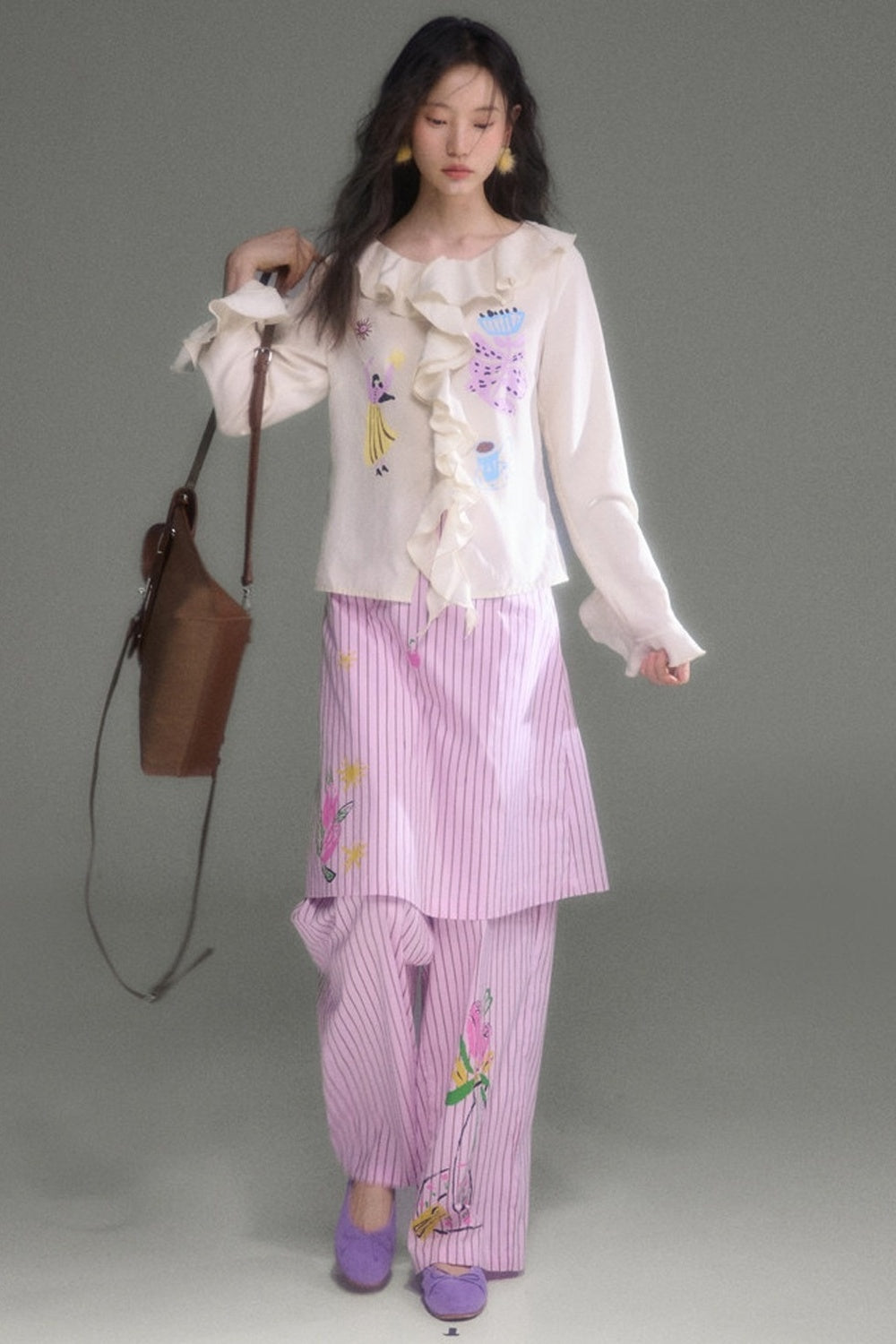 French Ruffle Flared Long-Sleeve Blouse