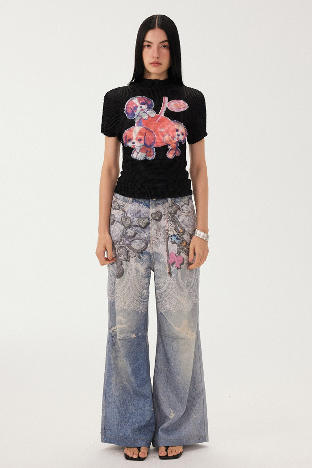 Blue Chain Detail Wide-Leg Straight Denim Pants