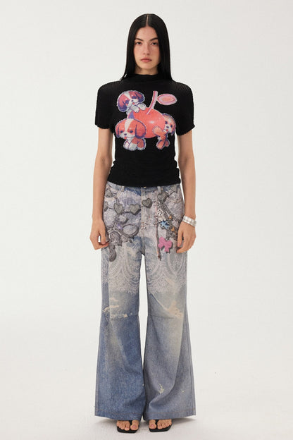 Blue Chain Detail Wide-Leg Straight Denim Pants