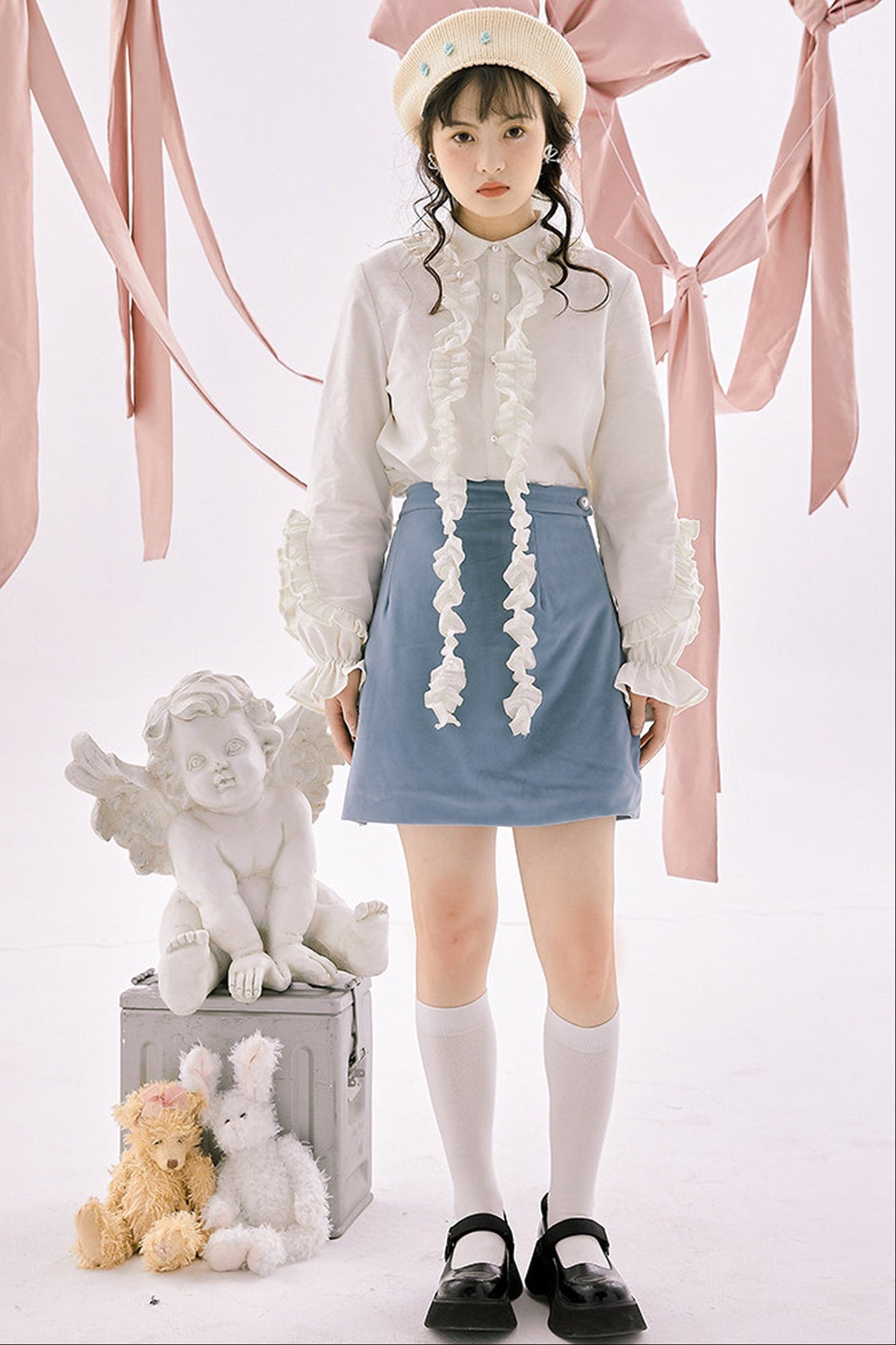 Blue Quilted Velvet A-Line Skirt