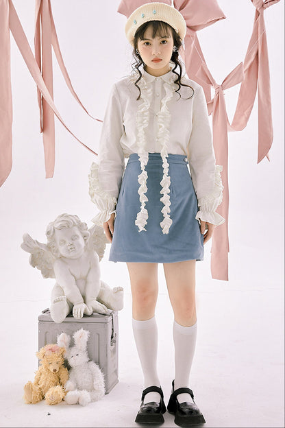 Blue Quilted Velvet A-Line Skirt