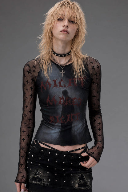 Letter Print Long-Sleeve Mesh Top