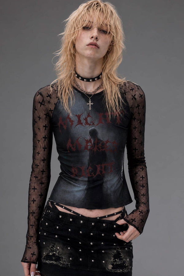 Letter Print Long-Sleeve Mesh Top